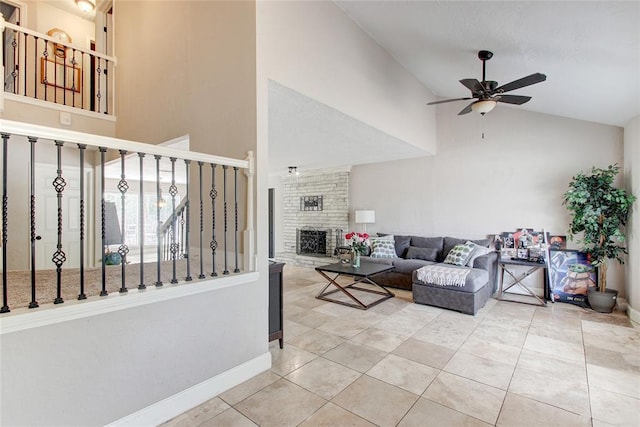 913 NE Dove Ln, Lawton, OK 73507 - tiled living room featuring high vaulted ceiling, a ceiling fan, stairs, a fireplace, and baseboards