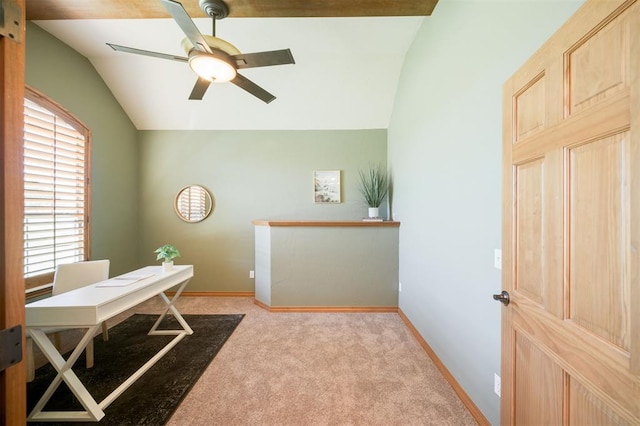 10681 NW 107th St, Yukon, OK 73099 - office with vaulted ceiling, carpet flooring, plenty of natural light, ceiling fan, and baseboards