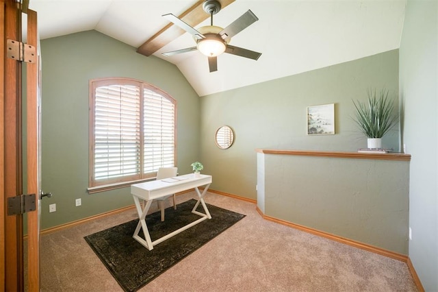 10681 NW 107th St, Yukon, OK 73099 - home office featuring vaulted ceiling, carpet, a ceiling fan, and baseboards