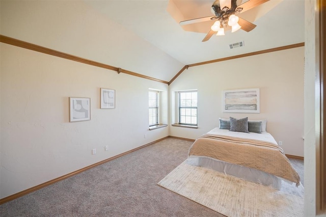 10681 NW 107th St, Yukon, OK 73099 - unfurnished bedroom with carpet flooring, vaulted ceiling, baseboards, ceiling fan, and crown molding