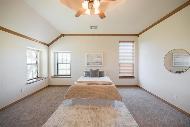 10681 NW 107th St, Yukon, OK 73099 - bedroom with carpet, lofted ceiling, baseboards, ceiling fan, and ornamental molding