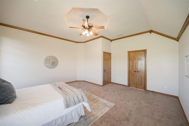 10681 NW 107th St, Yukon, OK 73099 - bedroom featuring carpet floors, baseboards, ornamental molding, lofted ceiling, and ceiling fan