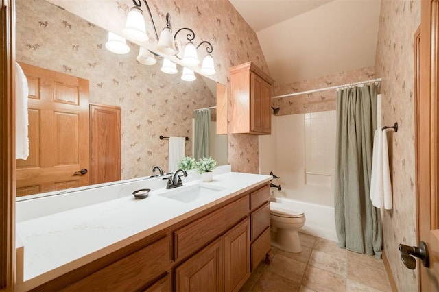 10681 NW 107th St, Yukon, OK 73099 - bathroom with wallpapered walls, lofted ceiling, vanity, toilet, and shower / bath combo