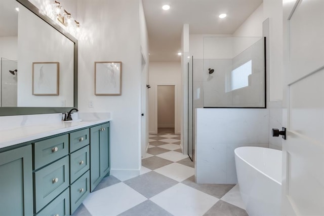11616 NW 106th St, Yukon, OK 73099 - full bath featuring tile patterned floors, a walk in shower, double vanity, a freestanding tub, and recessed lighting
