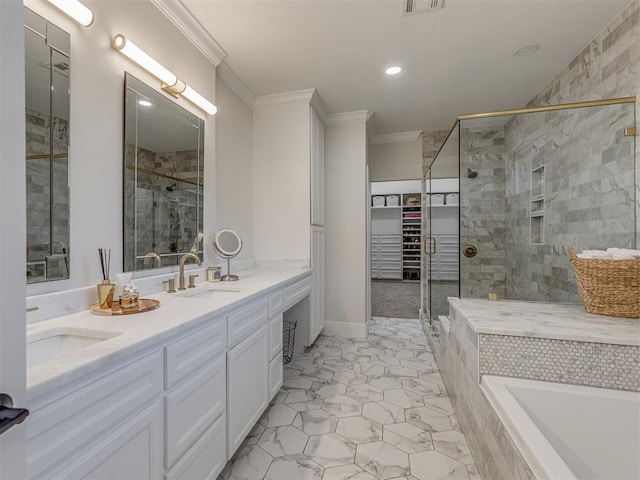 4300 High Range Ln, Edmond, OK 73034 - bathroom featuring ornamental molding, a stall shower, recessed lighting, double vanity, and a spacious closet