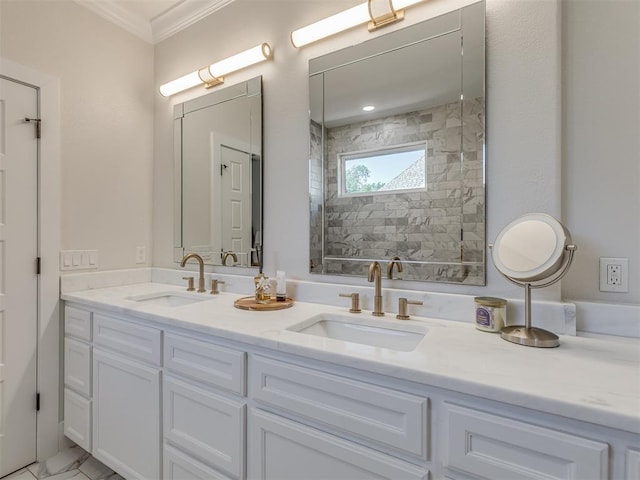 4300 High Range Ln, Edmond, OK 73034 - full bathroom with ornamental molding, double vanity, and a tile shower
