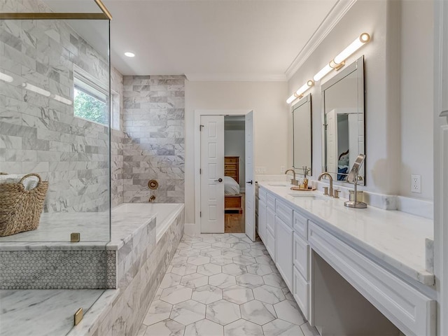 4300 High Range Ln, Edmond, OK 73034 - full bathroom with connected bathroom, crown molding, tiled shower, vanity, and a tub