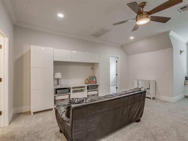 4300 High Range Ln, Edmond, OK 73034 - living area with crown molding, light carpet, ceiling fan, recessed lighting, and baseboards