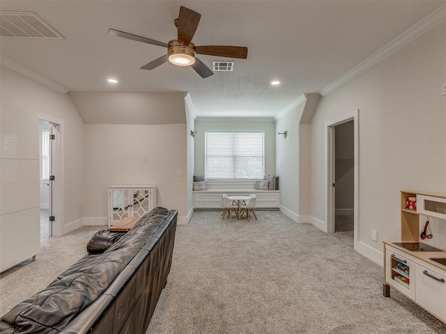 4300 High Range Ln, Edmond, OK 73034 - living area featuring crown molding, light carpet, ceiling fan, baseboards, and recessed lighting