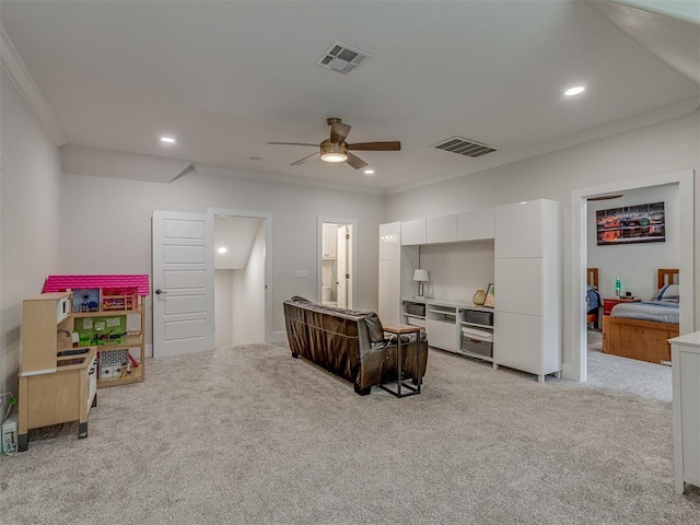 4300 High Range Ln, Edmond, OK 73034 - living room with crown molding, ceiling fan, light carpet, and recessed lighting