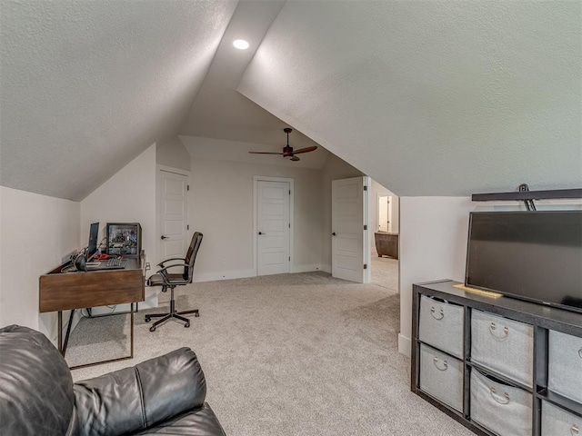 4300 High Range Ln, Edmond, OK 73034 - office area featuring vaulted ceiling, a textured ceiling, carpet floors, and baseboards