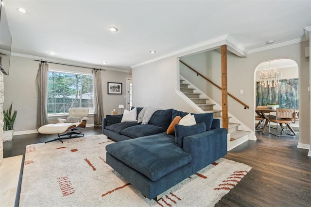1109 Tedford Way, Nichols Hills, OK 73116 - living room with stairs, a chandelier, wood finished floors, recessed lighting, and crown molding