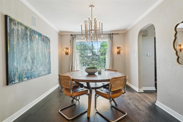 1109 Tedford Way, Nichols Hills, OK 73116 - dining space featuring arched walkways, a chandelier, wood finished floors, crown molding, and baseboards