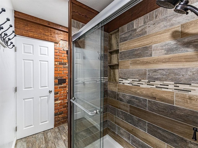 1515 S Reno Ave, El Reno, OK 73036 - bathroom with a shower stall and wood finished floors