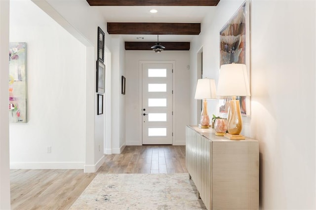 8421 NW 130th Ter, Oklahoma City, OK 73142 - entryway featuring light wood-style flooring, beamed ceiling, baseboards, and recessed lighting