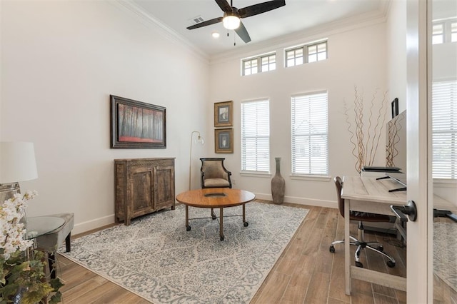 8421 NW 130th Ter, Oklahoma City, OK 73142 - home office featuring ornamental molding, baseboards, a ceiling fan, wood finished floors, and recessed lighting