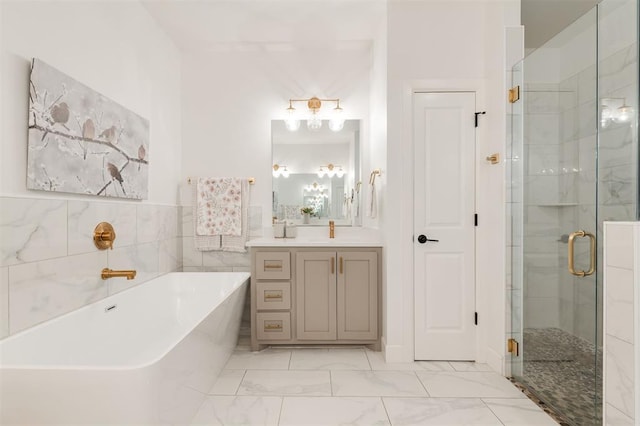 8421 NW 130th Ter, Oklahoma City, OK 73142 - full bathroom with a stall shower, a soaking tub, vanity, marble look tile flooring, and a chandelier