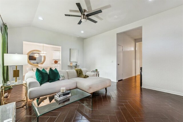1712 De Vita Rd, Edmond, OK 73003 - living area featuring a ceiling fan, recessed lighting, baseboards, a chandelier, and lofted ceiling