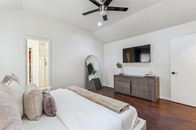 1712 De Vita Rd, Edmond, OK 73003 - bedroom with lofted ceiling, dark wood finished floors, a ceiling fan, ensuite bath, and baseboards