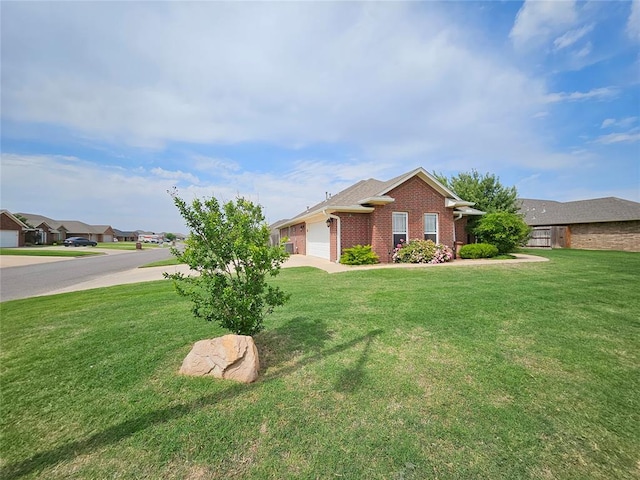 1801 Caribou St, Altus, OK 73521 - ranch-style home featuring brick siding, an attached garage, a front yard, and driveway