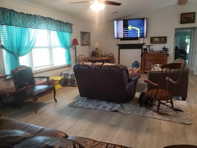 14452 Ns 3630th Rd, Sasakwa, OK 74867 - living room featuring wood finished floors, ceiling fan, and lofted ceiling