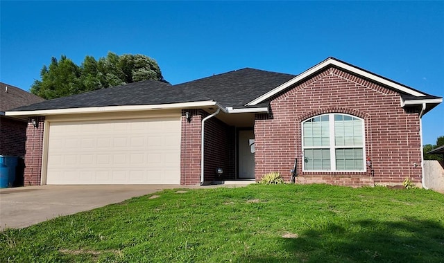 2338 Serenade Dr, Midwest City, OK 73130 - ranch-style home featuring brick siding, concrete driveway, a garage, a front yard, and a shingled roof