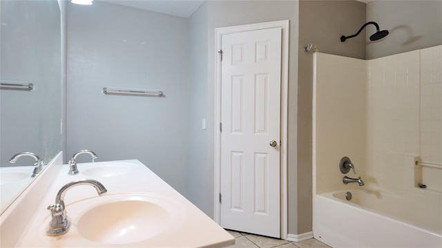 2338 Serenade Dr, Midwest City, OK 73130 - bathroom with shower / bathtub combination, double vanity, and tile patterned floors