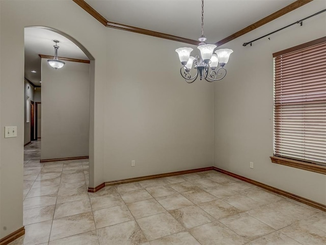 1960 Bermuda Dr, Newcastle, OK 73065 - empty room with ornamental molding, arched walkways, a chandelier, and baseboards