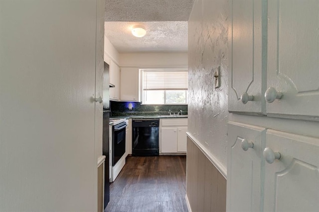 kitchen with dishwasher, a textured ceiling, white cabinetry, range with electric stovetop, and dark wood-style flooring