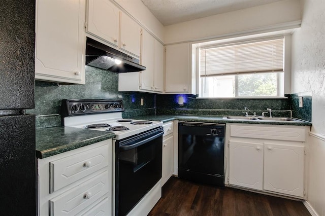 kitchen featuring black dishwasher, white range with electric cooktop, under cabinet range hood, a sink, and dark countertops