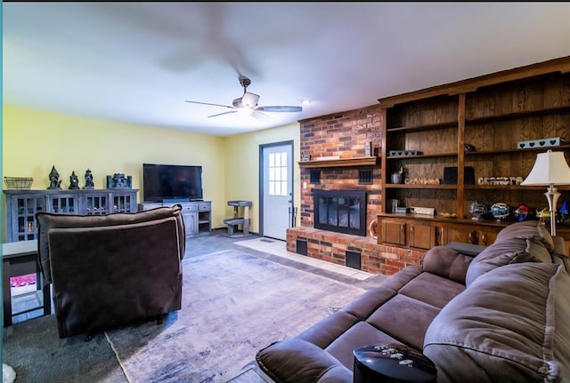330917 E 940th Rd, Wellston, OK 74881 - carpeted living room with a ceiling fan and a brick fireplace