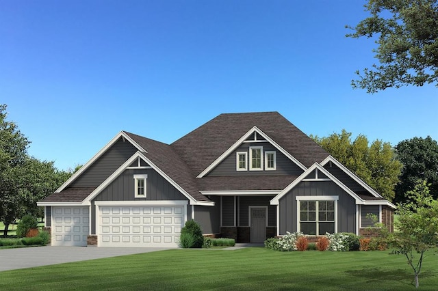 craftsman inspired home with a front yard, board and batten siding, driveway, a garage, and a shingled roof