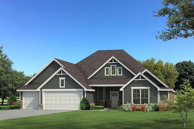 craftsman inspired home with board and batten siding, a front lawn, concrete driveway, and a shingled roof
