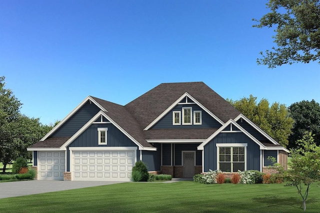 craftsman-style house with a front lawn, driveway, board and batten siding, a garage, and a shingled roof