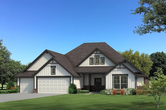 view of front facade with a shingled roof, board and batten siding, a front lawn, and driveway
