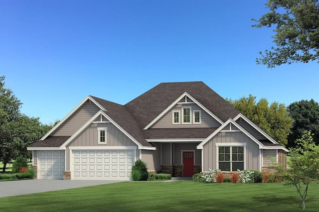 craftsman-style home with board and batten siding, a front yard, a shingled roof, and driveway