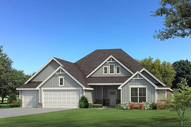 craftsman house with board and batten siding, a front yard, a shingled roof, and driveway