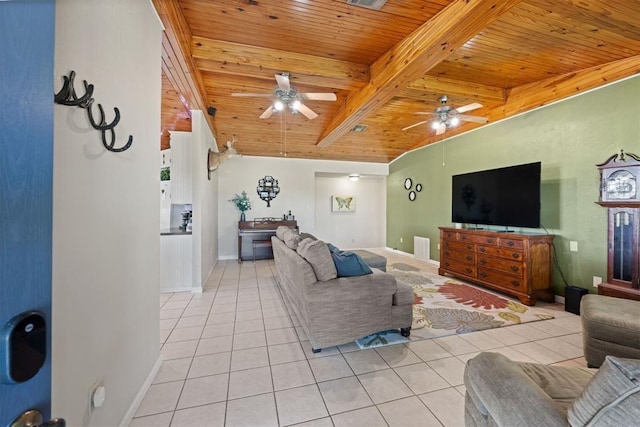 20302 Kings Rd, Shawnee, OK 74801 - living room featuring wood ceiling with exposed beams, light tile patterned flooring, ceiling fan, and baseboards