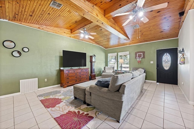 20302 Kings Rd, Shawnee, OK 74801 - living area featuring wooden ceiling, ceiling fan, light tile patterned flooring, and baseboards