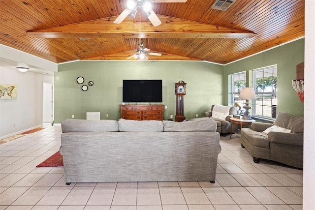 20302 Kings Rd, Shawnee, OK 74801 - living room featuring wooden ceiling, light tile patterned floors, a ceiling fan, and vaulted ceiling