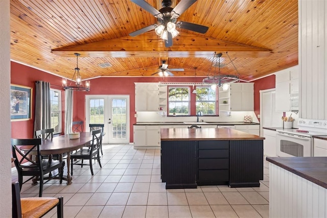 20302 Kings Rd, Shawnee, OK 74801 - kitchen featuring open shelves, white appliances, wood ceiling, light tile patterned floors, and a ceiling fan