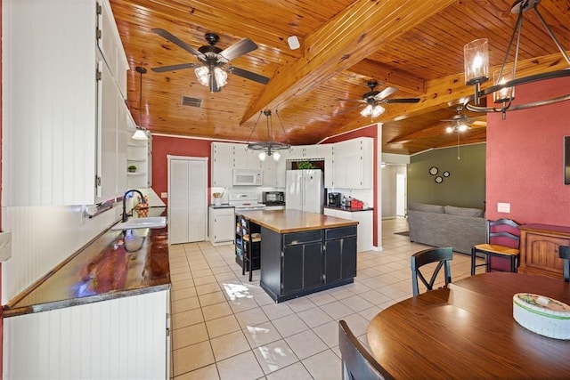 20302 Kings Rd, Shawnee, OK 74801 - kitchen with white appliances, a sink, ceiling fan, wooden ceiling with exposed beams, and white cabinets