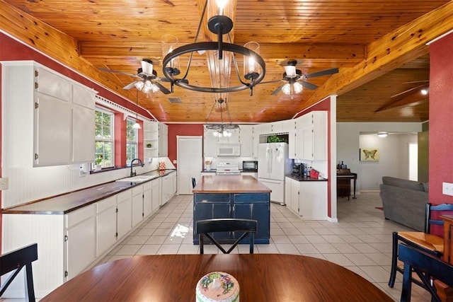 20302 Kings Rd, Shawnee, OK 74801 - kitchen with white appliances, a ceiling fan, wooden ceiling, a sink, and vaulted ceiling