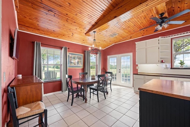 20302 Kings Rd, Shawnee, OK 74801 - dining area with wood ceiling, lofted ceiling, light tile patterned flooring, plenty of natural light, and ceiling fan