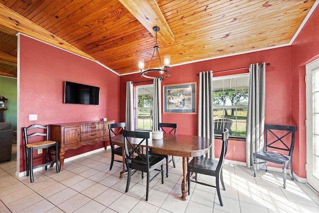 20302 Kings Rd, Shawnee, OK 74801 - dining space with wooden ceiling, a chandelier, light tile patterned floors, crown molding, and baseboards