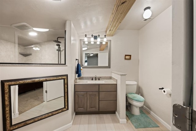 20302 Kings Rd, Shawnee, OK 74801 - bathroom featuring walk in shower, vanity, toilet, and baseboards