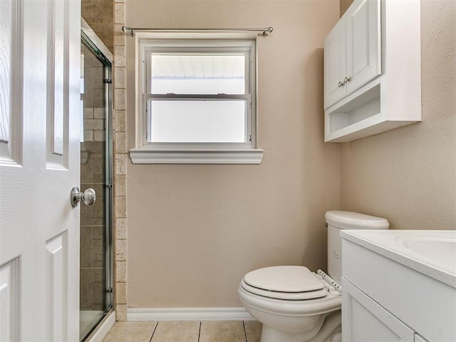 full bath featuring a stall shower, tile patterned flooring, toilet, and vanity