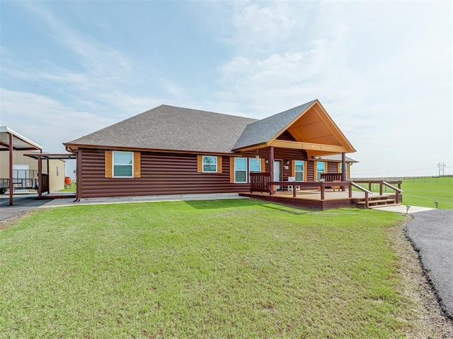 1466 County Rd 1188, Tuttle, OK 73089 - rear view of property featuring a shingled roof, faux log siding, a lawn, and a wooden deck
