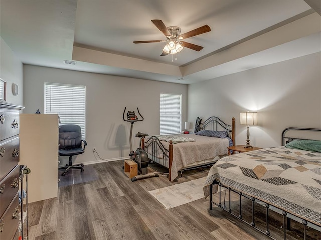 1466 County Rd 1188, Tuttle, OK 73089 - bedroom with wood finished floors, a raised ceiling, and ceiling fan