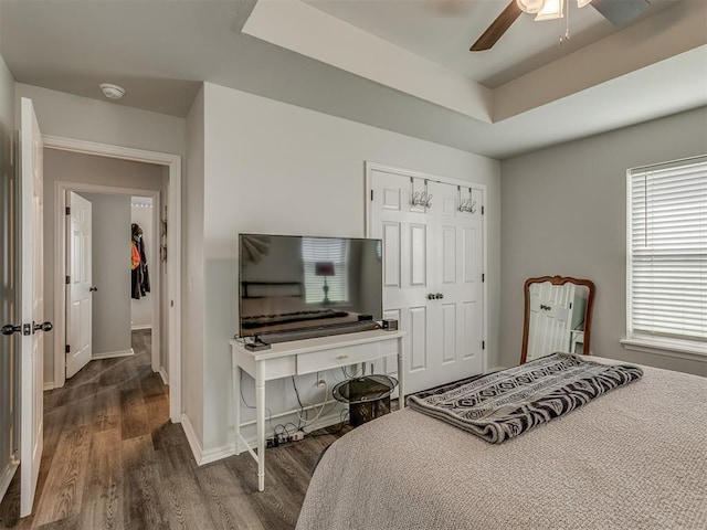 1466 County Rd 1188, Tuttle, OK 73089 - bedroom featuring wood finished floors, a tray ceiling, a closet, and a ceiling fan